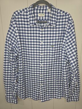 Lacoste Men’s Blue & White Gingham Button-Up Shirt Size 2xl Crocodile